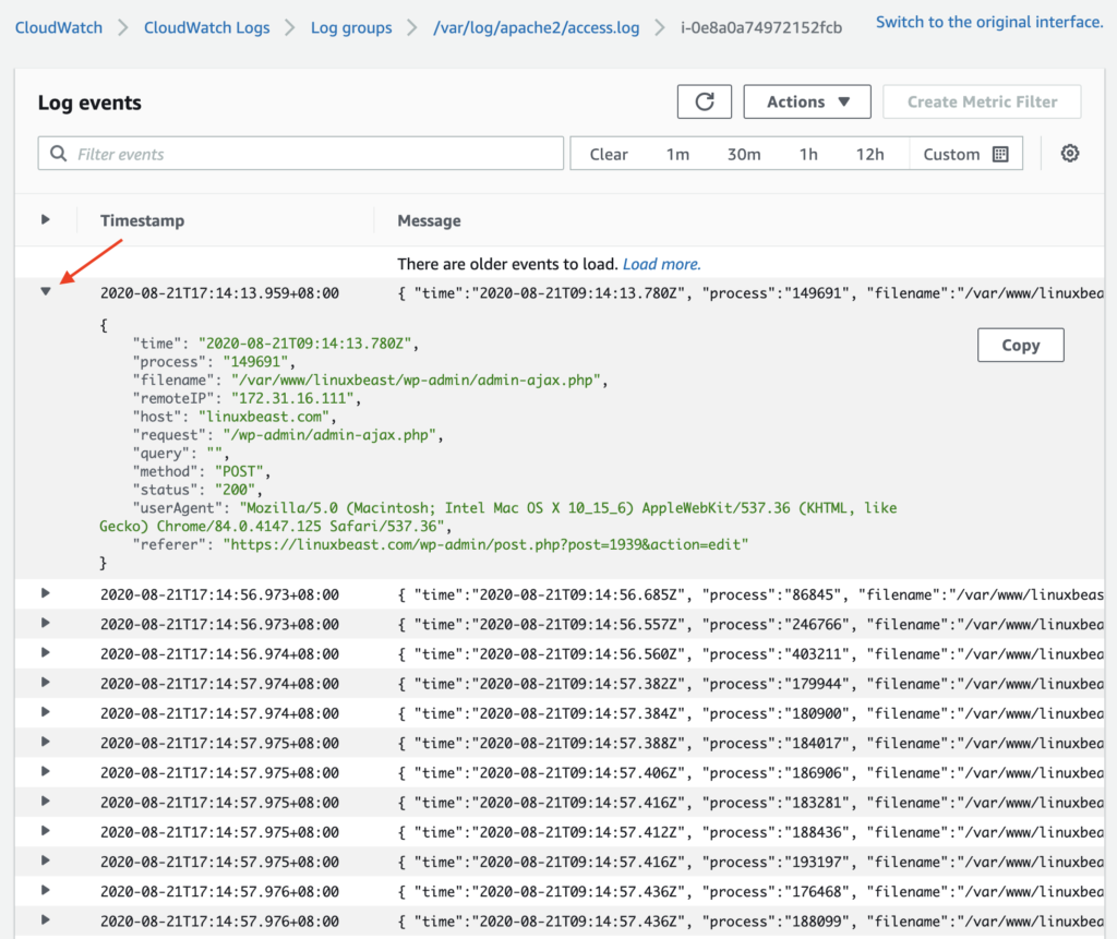 Cloudwatch event log